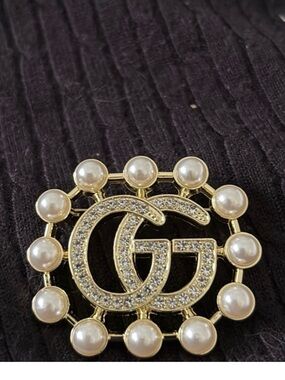 Gucci Gold Double G Brooch with Pearls and Crystals
